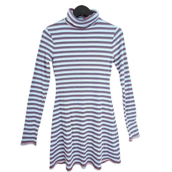 NWT BDG Grey Blue Turtleneck Striped 90s Y2K Ribbed Knit Long Sleeve Mini Dress - Picture 2 of 7